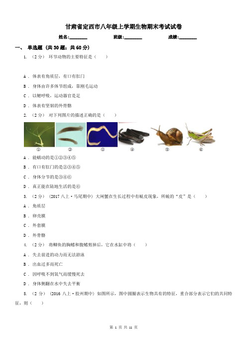 甘肃省定西市八年级上学期生物期末考试试卷