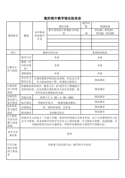 教师期中教学情况检查表