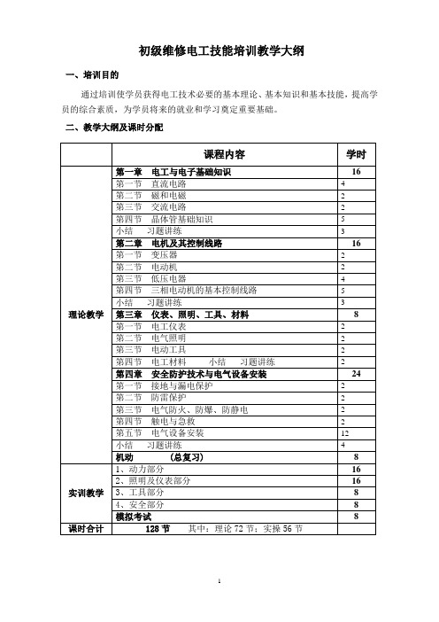 维修电工初级工技能培训教学大纲