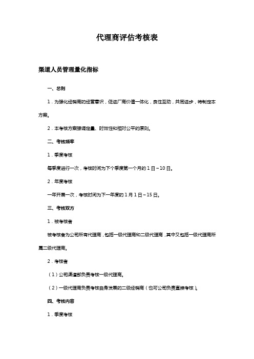 代理商或经销商评估考核细表、办法