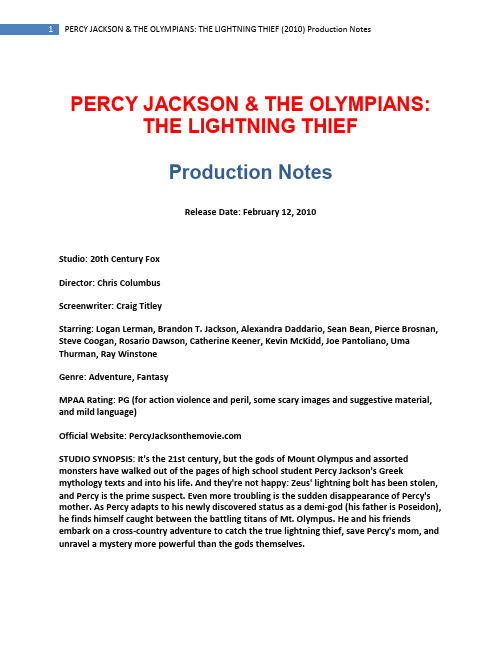 Percy  Jackson the Olympians -The lightening thief  Production Note