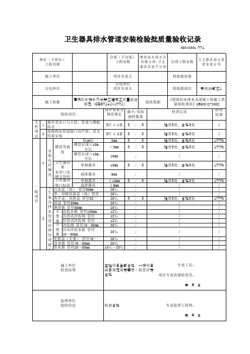 卫生器具排水管道安装检验批质量验收记录