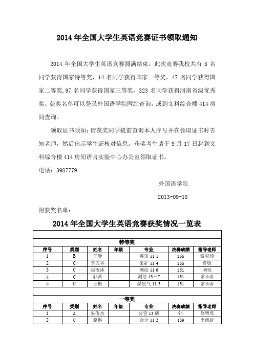 2014年全国大学生英语竞赛获奖证书领取通知