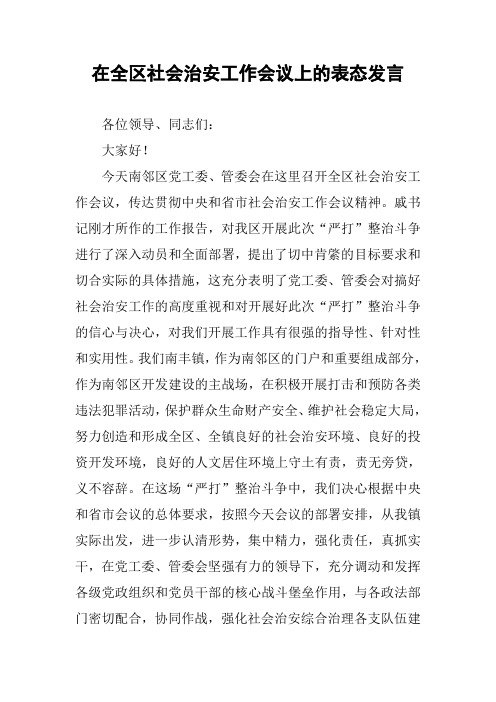 在全区社会治安工作会议上的表态发言