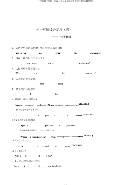 牛津版初中英语七年级上册句子翻译综合复习专题练习附答案