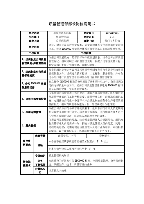 质量管理部部长岗位说明书