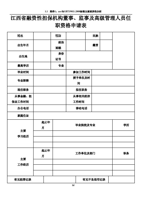 融资性担保机构董事、监事及高级管理人员任职资格申请表