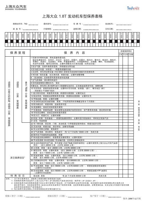 上海大众 1.8T 发动机车型保养表格2006.12