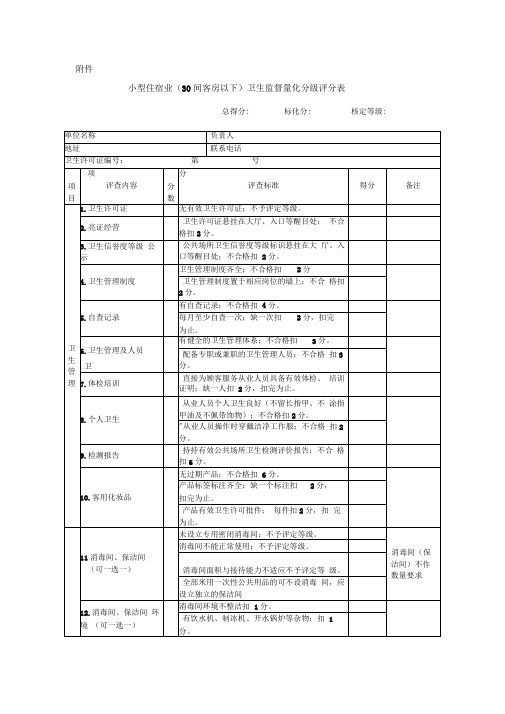 小型住宿业(30间客房以下)卫生监督量化分级评分表