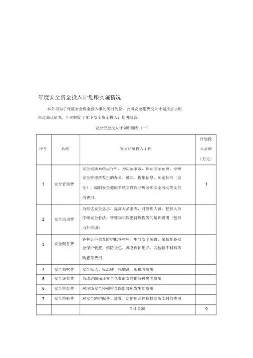 年度安全资金投入计划和实施情况