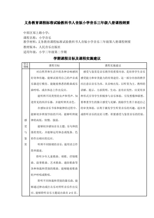 义务教育课程标准试验教科书人音版小学音乐三年级八册课程纲要