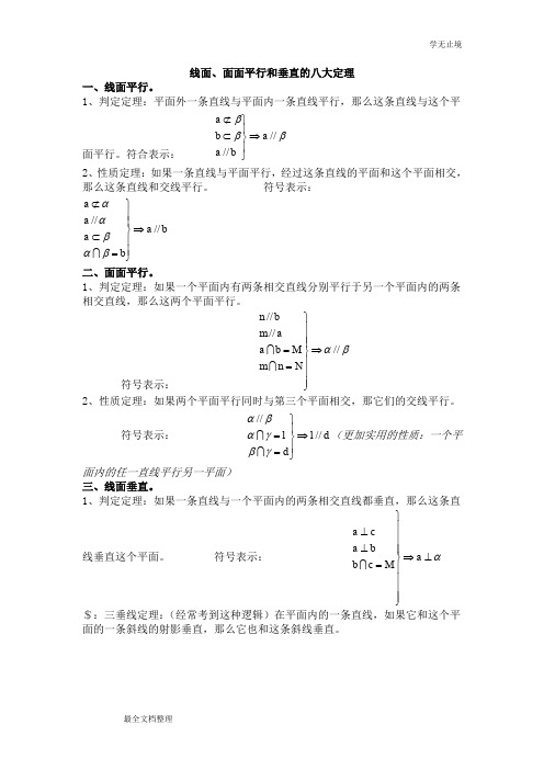 线面、面面平行和垂直的八大定理