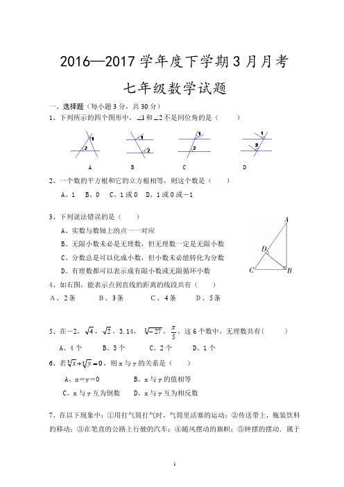 2016—2017学年度下学期3月月考七年级数学试题