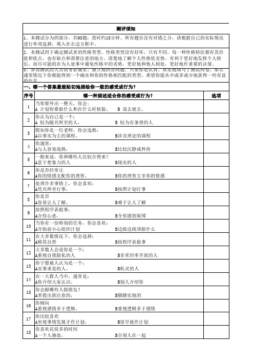 MBTI测试93题版试题-完整编辑可直接用