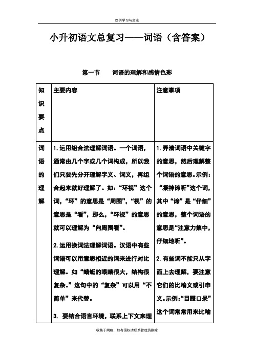 最新2020小升初语文总复习——词语(含答案)