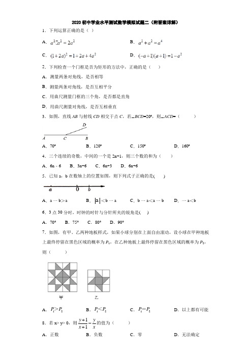 2020初中学业水平测试数学模拟试题二(附答案详解)