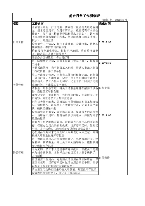 前台日常工作明细表