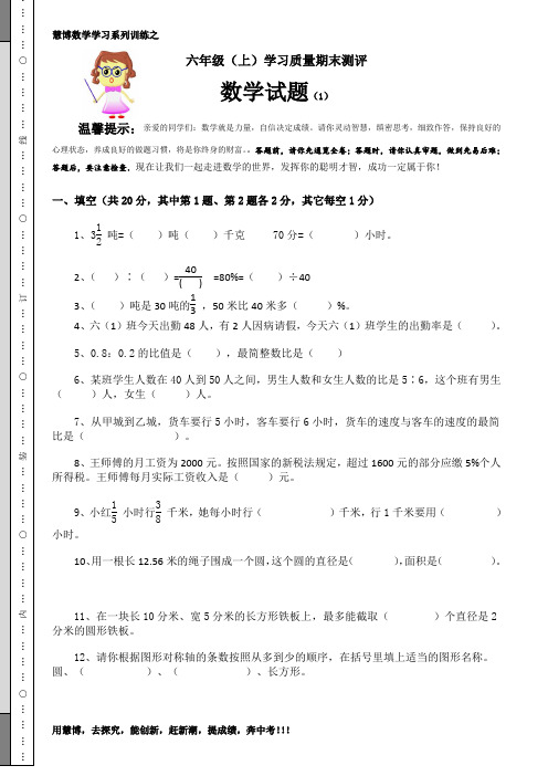 慧博数学金牌辅导人教版6年级(上)期末抽测试题(修订). 