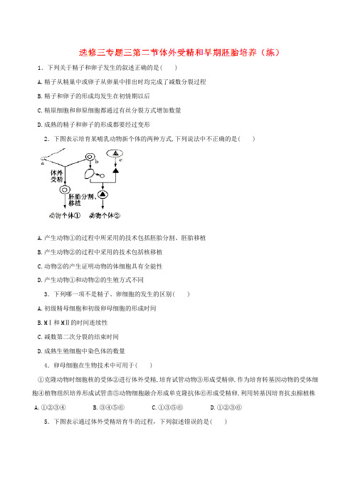 专题3.2 体外受精和早期胚胎培养(练)高二生物同步精品课堂(基础版)(选修3)(原卷版)