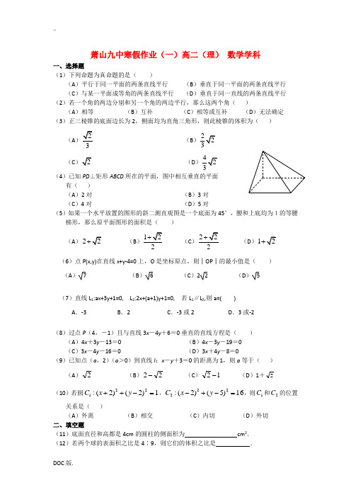 浙江省杭州市萧山九中10-11学年高二数学寒假作业试题 理 新人教A版