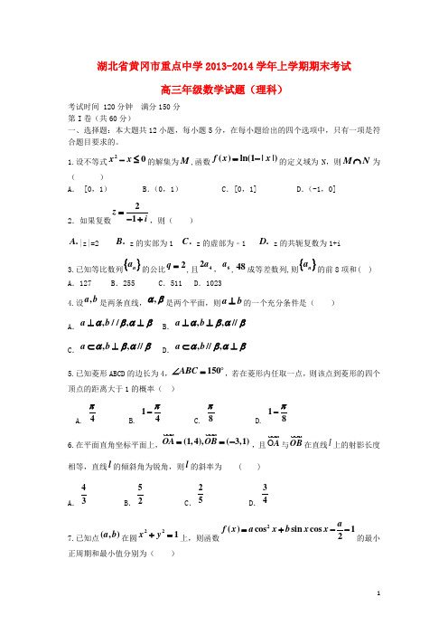 湖北省黄冈市重点中学高三数学上学期期末考试 理 新人