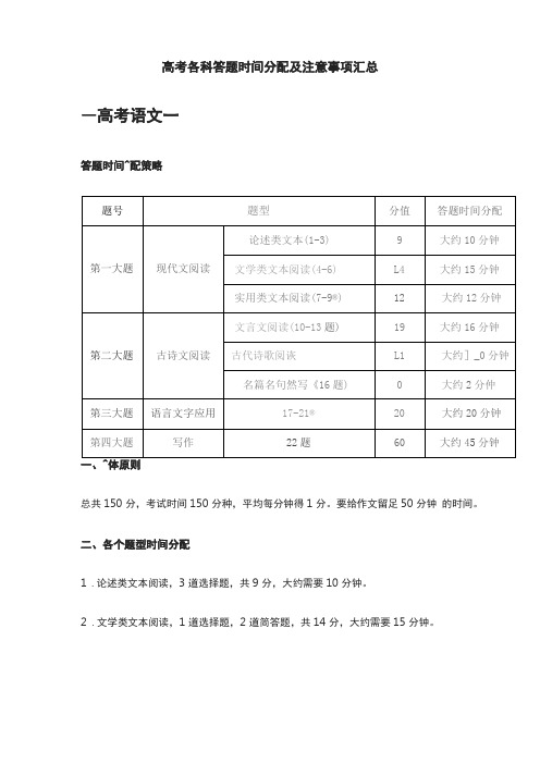 2020高考各科答题时间分配及注意事项汇总