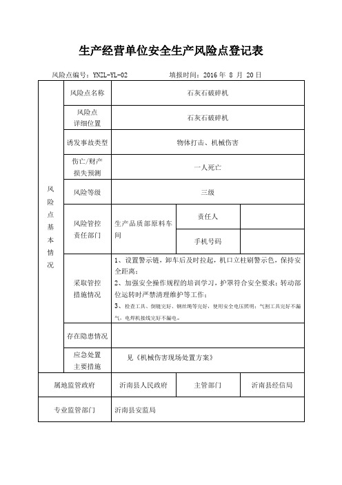 生产经营单位安全生产风险点登记表(石灰石破碎机)