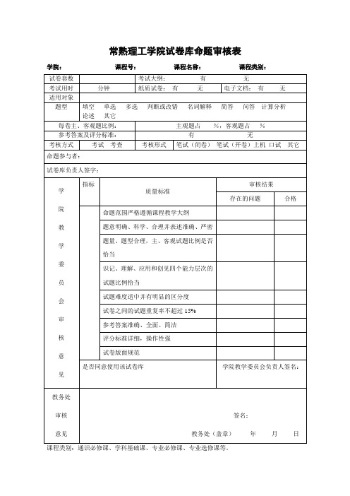 常熟理工学院试卷库命题审核表