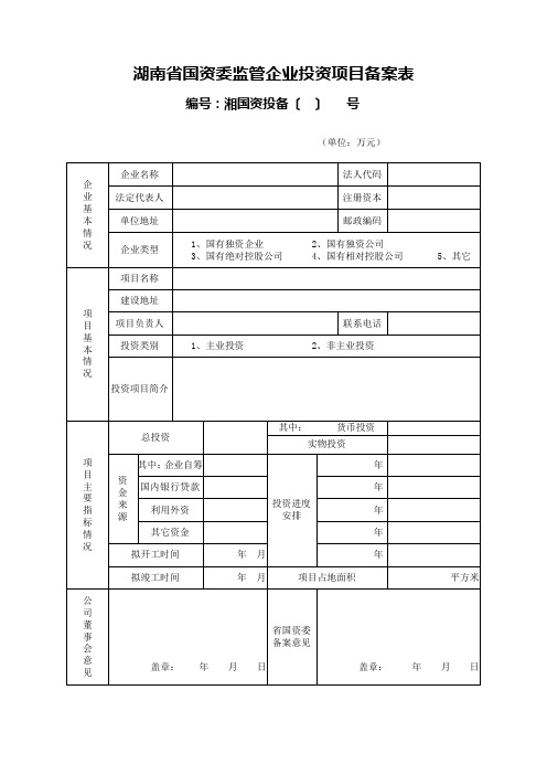 湖南省国资委监管企业投资项目备案表