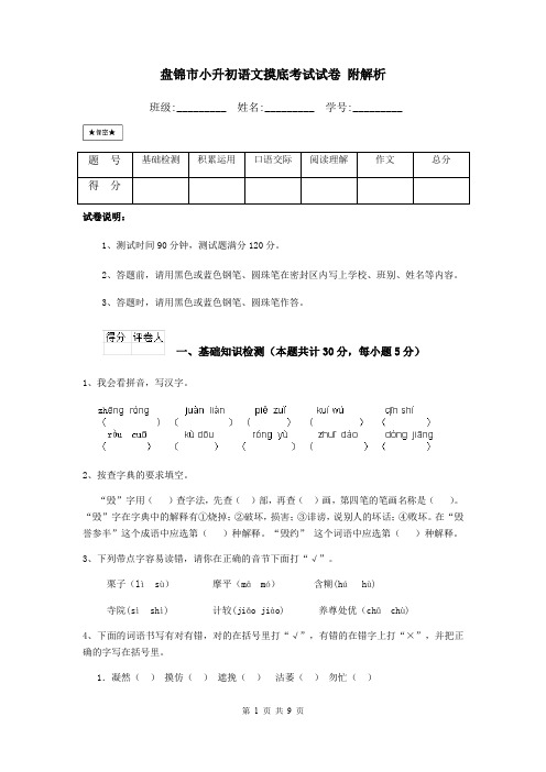 盘锦市小升初语文摸底考试试卷 附解析