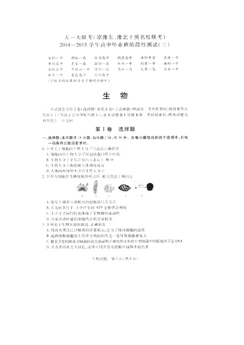 河南省天一大联考(豫东豫北十所名校联考)2015届高三阶段测试(三)生物试题(扫描版)