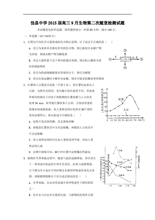 高三生物月考试题带答案-陕西省佳县中学2015届高三9月第二次随堂检测