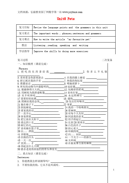 江苏省永丰初级中学七年级英语下册 Unit 8 Pets期末复习(无答案)(新版)牛津版