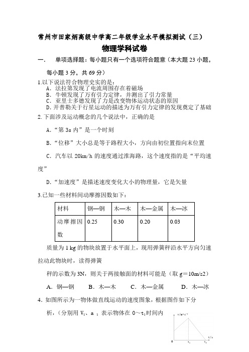 江苏省常州市2015-2016学年高二物理下册学业水平测试