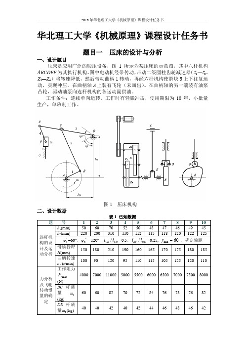 2016年华北理工大学机械原理课程设计任务书