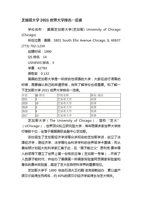 芝加哥大学2021世界大学排名一览表