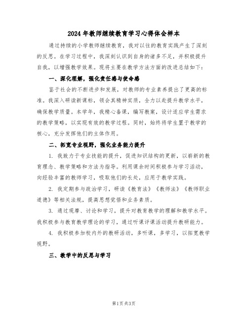 2024年教师继续教育学习心得体会样本（二篇）