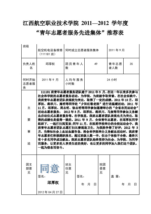 《青年志愿者服务先进集体》推荐表[1]