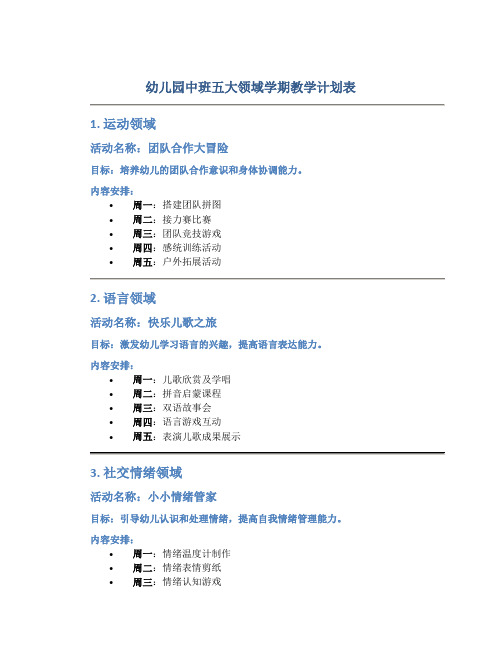 幼儿园中班五大领域学期教学计划表