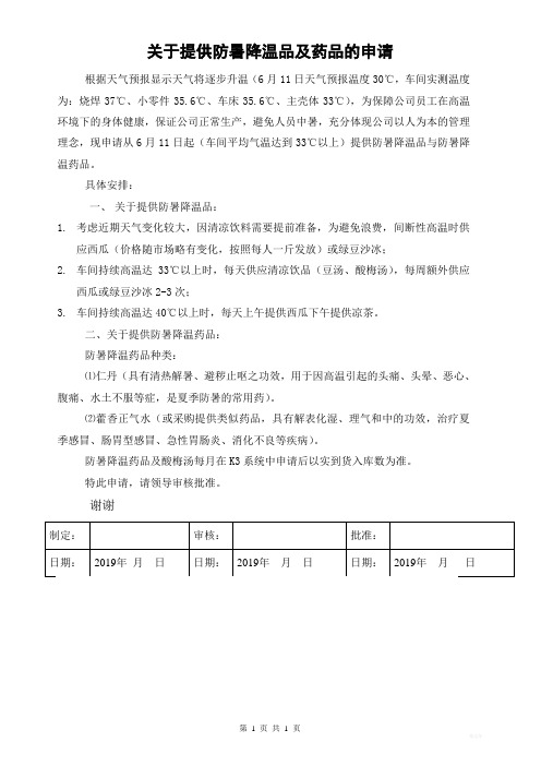 关于提供防暑降温药品及清凉饮料的申请