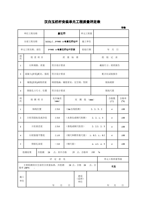 汉白玉栏杆安装单元工程质量评定表