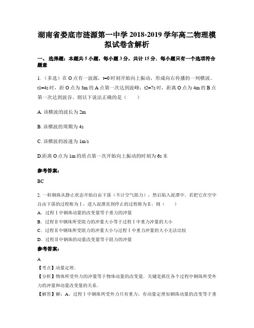 湖南省娄底市涟源第一中学2018-2019学年高二物理模拟试卷含解析