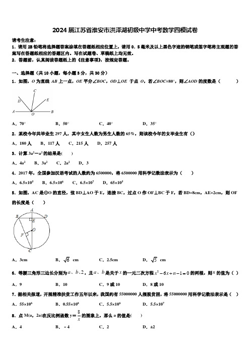 2024届江苏省淮安市洪泽湖初级中学中考数学四模试卷含解析