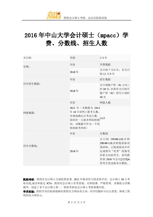 2016年中山大学会计硕士(mpacc)学费、分数线、招生人数