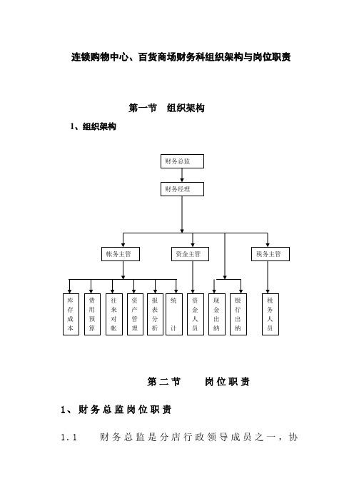 连锁购物中心、百货商场财务科组织架构与岗位职责