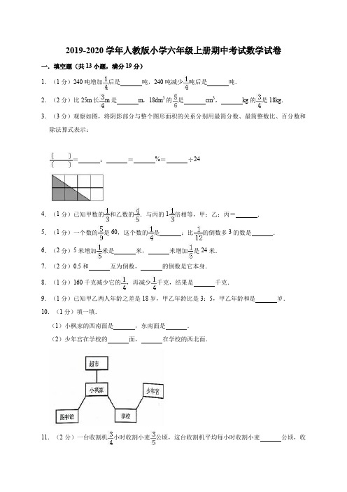 人教版2019-2020学年小学六年级第一学期期中考试数学试题(有答案)