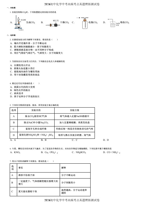 2024初中化学中考高频考点真题模拟测试卷 (2816)