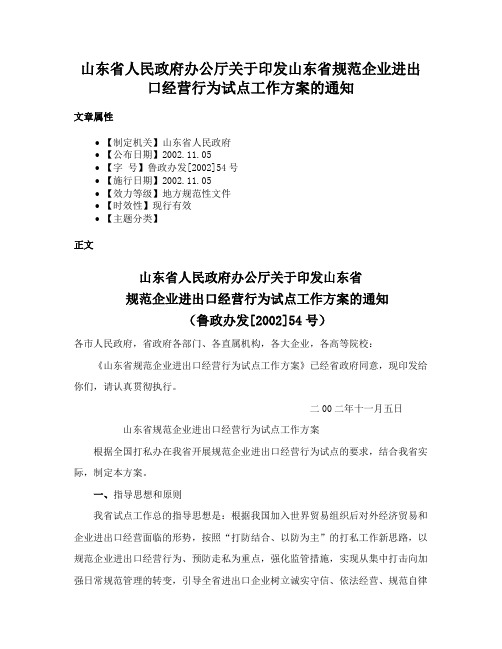 山东省人民政府办公厅关于印发山东省规范企业进出口经营行为试点工作方案的通知