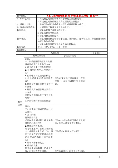 《3.1动物的胚胎发育和胚胎工程》教案一 苏教版选修3