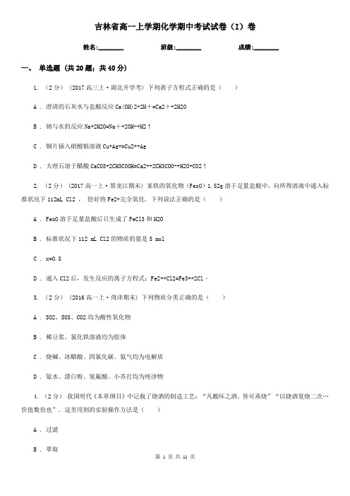 吉林省高一上学期化学期中考试试卷(I)卷
